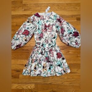 Floral Puff-Sleeve  Dress - White with Pink & Teal Print